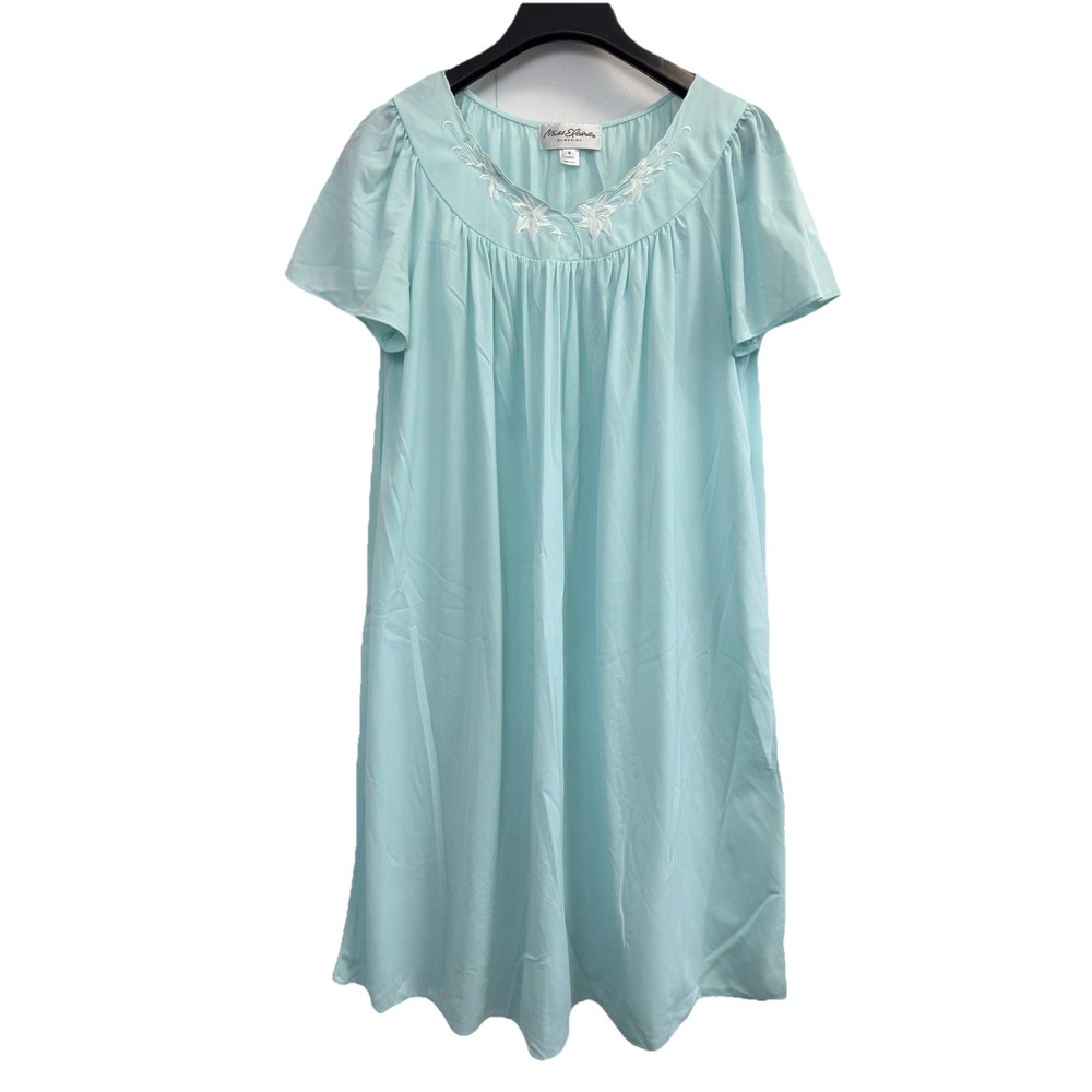 Miss Elaine Classics Blue Embroidered Floral Night Gown Size S Women's EUC